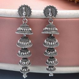 Anouk German Silver-Plated Oxidised Traditional Peacock Dome Shaped Jhumkas-picture-27