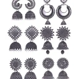 Sangria Set Of 6 Silver Plated Oxidized Jhumka Earrings-image-50