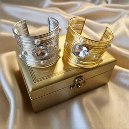 ORANGENYSHA Set Of 2 Gold Plated Crystals Studded $ Pearls Beaded Cuff Bracelets-picture-52