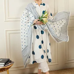 Indo Era Women Printed Panelled Sequinned Pure Cotton Kurta with Trousers & With Dupatta image 2