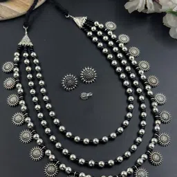 NAMAN ARTS Silver-Plated Artificial Beads Beaded Oxidised Floral Jewellery Set-image-89