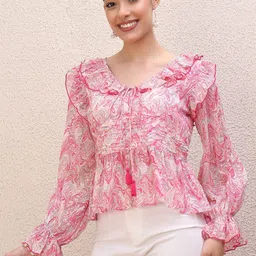 Antheaa Women Floral Printed Bell Sleeve Chiffon Cinched Waist Top-picture-22
