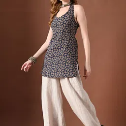 KALINI Women Ethnic Motifs Block Printed Halter Neck Smocked Pure Cotton Kurti image 5