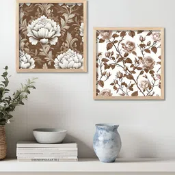 Kotart Brown & White 2 Pieces Floral And Botanical Printed Wooden Wall Art-image-93