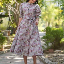 Janasya Floral Print A-Line Midi Dress image 5
