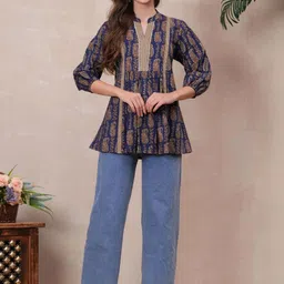 Jyoti Women Navy Print Mandarin Collar Cotton Top-image-8