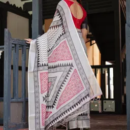 ALMAARI FASHION Geometric Printed Pure Linen Banarasi Saree image 5