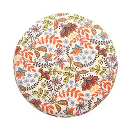 NACIA Beige & Orange Floral Printed Round Shape Wooden Ottomans image 2