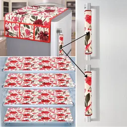 E-Retailer White & Red 7 Pcs Printed Waterproof 3-Layered Refrigerator Covers With Pockets-picture-32