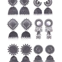 Sangria Set Of 6 Silver-Plated Dome Shaped Oxidized Jhumkas-image-92
