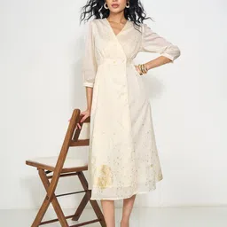 AKKRITI BY PANTALOONS Women V-Neck Star Printed Wrap Midi Dress-image-40