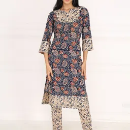 SAROJ Women Floral Printed Cotton Kurta with Trousers-image-5