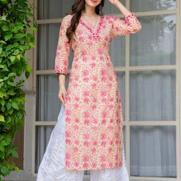 BHATRAS Women Floral Embroidered Mirror Work Floral Kurta image 5