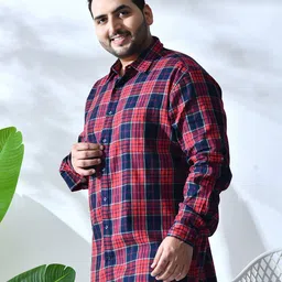 NEON CHILLIE Men Plus Size Tartan Checked Spread Collar Linen Casual Shirt image 3