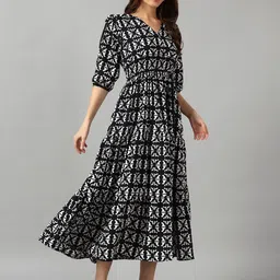 Raiyani Fashion Women Printed V-Neck Tiered Puff Sleeve Fit & Flare Dress image 3