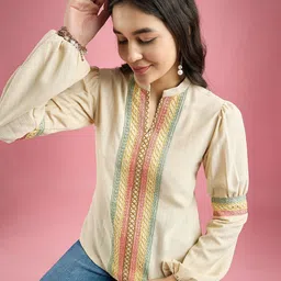 CORSICA Geometric Mandarin Collar Puff Sleeve Top image 2