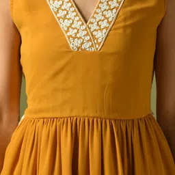 KALINI Floral Yoke Design V Neck Pleated Georgette A-Line Kurta With Palazzos image 2