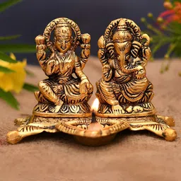 CraftVatika Gold Toned 25 Pieces Laxmi Ganesh Idol With Diyas image 3