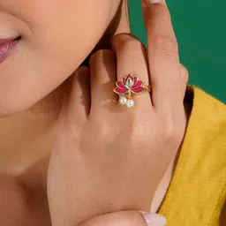 TEEJH Gold-Plated Stones-Studded & Beaded Finger Ring-picture-24