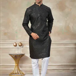 House of Pataudi Embellished Mandarin Collar Silk Straight Kurta-picture-12