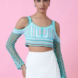 SHOWOFF Cold-Shoulder Crochet Blouson Crop Top image 2