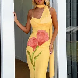 outzidr Yellow Floral Print Maxi Dress with Shoulder Straps image 2