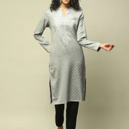 Rangriti Floral Woven Design Zari Work Mandarin Collar Straight Kurta-image-2