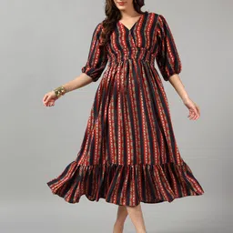 Raiyani Enterprise Striped Puff Sleeve Tiered Fit & Flare Midi Dress-image-92