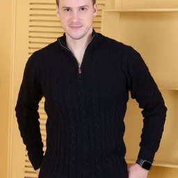 Dzant Men Cable Knit Self Design Mock Collar Pullover Sweater-image-37