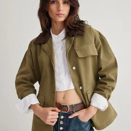 Trendyol Colourblocked Double Collar Pure Cotton Longline Tailored Jacket-picture-21
