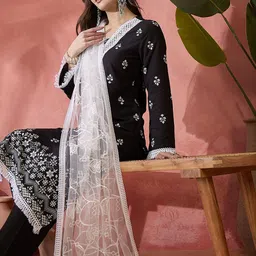 Sangria Ethnic Motifs Embroidered Straight Kurta With Palazzo & Dupatta image 2