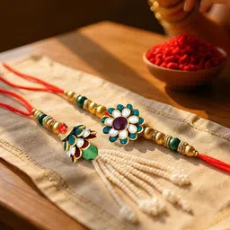 LUCKY JEWELLERY Gold-Plated Artificial Stones Studded & Beaded Bhaiya Bhabhi Rakhis image 2