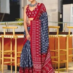 Panzora Floral Block Printed Mulmul Cotton Ready To Wear Saree-picture-36