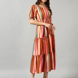 Krunal Raiyani Women Striped Square Neck Flared Fit and Flare Dress-image-3