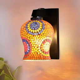 Devansh Black & White Textured Wooden Bell Shaped Wall Lamp With Mosaic Glass image 2