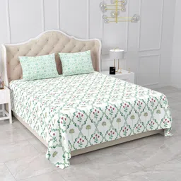 BELLA CASA White & Green Ethnic Motifs 210 TC King Bedsheet with 2 Pillow Covers image 5