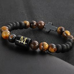 EDMIRIA Unisex Gold-Toned Tigers Eye Cross Ceramic Elasticated Bracelet-picture-17