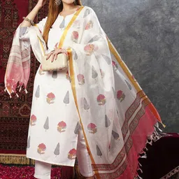 GoSriKi Women Floral Printed Regular Kurta with Trousers & With Dupatta image 1
