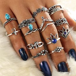 Yellow Chimes Set Of 13 Oxidized Silver-Plated Crystal-Studded Handcrafted Midi Finger Rings-picture-30