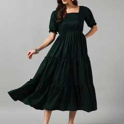 Raiyani Enterprise Solid Gathered or Pleated V-Neck Tiered Fit & Flare Midi Dress-picture-24