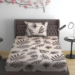 WEAVE AND DECOR Beige & Black Floral 300 TC Single Bedsheet with 1 Pillow Covers-picture-33