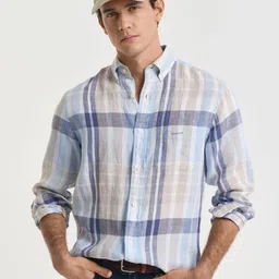 GANT Men Button-Down Collar Tartan Checked Linen Casual Shirt-picture-27