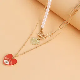 DESTINY JEWELS Gold Plated Evil Eye Double Heart Chunky Multilayer Necklace-image-24