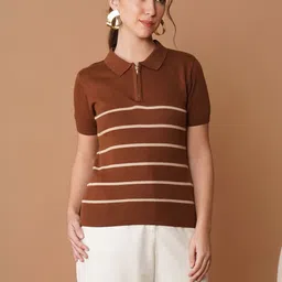 Chemistry Women Shirt Collar Striped Print Front Zip Detail Cotton Top-picture-20