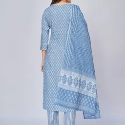 KALINI Floral Printed Sequnnied Pure Cotton Straight Kurta With Trousers & Dupatta image 2