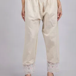 MICHAEL KOVLIN Women Chikankari Embroidered Linen Wide Leg Trousers With Drawstring-image-16