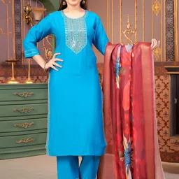 Sangria Girls Embroidered Sequinned Pure Silk Kurta With Trouser & Dupatta-picture-27
