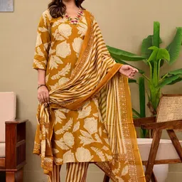 Angkor Floral Printed V-Neck Pure Cotton Kurta With Trousers & Dupatta image 3