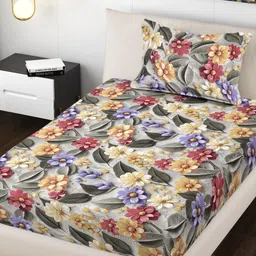 FABINALIV Grey Floral 300 TC Single Bedsheet with 1 Pillow Covers-picture-29