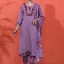 Sangria Women Embroidered Straight Kurta With Trousers & Dupatta-picture-40